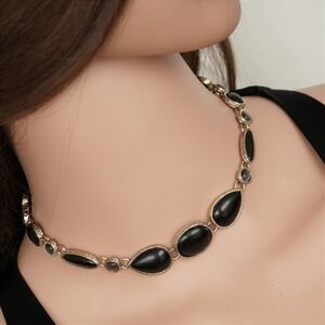 Vintage Black Gold Statement Choker Necklace‎ Teardrop Faux Onyx Cabochon Ornate